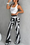Black And White Casual Stripe Print Boot Cut Mid Waist Speaker Flare Leg Pants