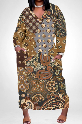 Brown Casual Colorblock National Totem Print Pocket V Neck Long Sleeve Plus Size Maxi Dresses