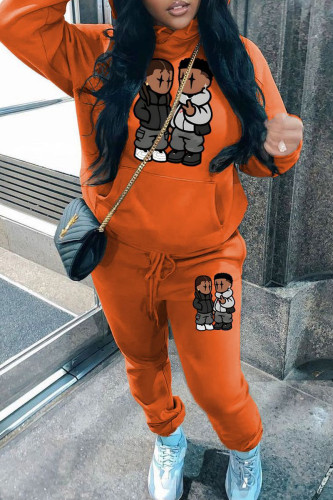 Orange Casual Graphcis Print Hooded Long Sleeve Pocket Sweatshirt And Pants Sportwear Two Pieces Jogger Sets