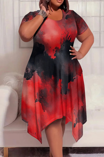 Red Black Casual Graphcis Tie Dye Print O Neck Short Sleeve Irregular Hem Plus Size Midi T-shirt Dresses