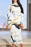 White Casual Colorblock Striped Print Half A Turtleneck Long Sleeve Bodycon Maxi Dresses