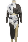 Grey Casual Print Patchwork Slit Half A Turtleneck Long Sleeve Two Pieces