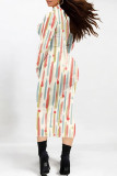 White Casual Colorblock Striped Print Half A Turtleneck Long Sleeve Bodycon Maxi Dresses