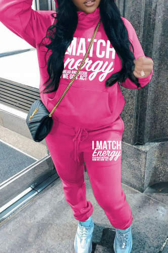 Rose Red Casual Letter Print Hooded Long Sleeve Pocket Sweatshirt And Pants Sportwear Two Pieces Jogger Sets
