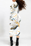 White Casual Colorblock Striped Print Half A Turtleneck Long Sleeve Bodycon Maxi Dresses