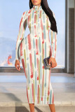White Casual Colorblock Striped Print Half A Turtleneck Long Sleeve Bodycon Maxi Dresses