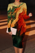 Red Green Casual Graphcis Print O Neck Long Sleeve Wrapped Skirt Bodycon Maxi Dresses