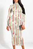 White Casual Colorblock Striped Print Half A Turtleneck Long Sleeve Bodycon Maxi Dresses