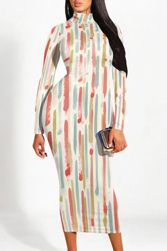White Red Casual Colorblock Striped Print Half A Turtleneck Long Sleeve Bodycon Maxi Dresses