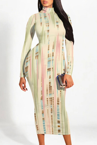 Grass Green Casual Colorblock Striped Print Half A Turtleneck Long Sleeve Bodycon Maxi Dresses