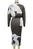 Grey Casual Print Patchwork Slit Half A Turtleneck Long Sleeve Two Pieces