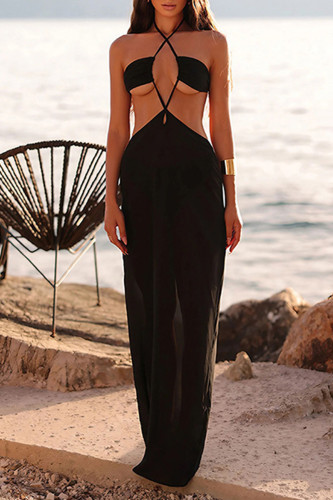 Black Sleeveless Hollow Out Beach Vacation Swimwears Cover Up