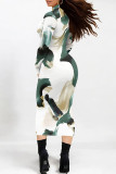 White Casual Colorblock Striped Print Half A Turtleneck Long Sleeve Bodycon Maxi Dresses
