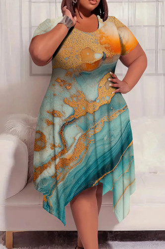 Cyan Casual Graphcis Tie Dye Print O Neck Short Sleeve Irregular Hem Plus Size Midi T-shirt Dresses