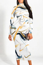 White Casual Colorblock Striped Print Half A Turtleneck Long Sleeve Bodycon Maxi Dresses