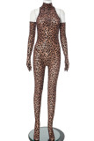 Black Casual Leopard Print Turtleneck Long Sleeve Skinny Jumpsuits One Piece Bodysuit