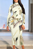 White Casual Colorblock Striped Print Half A Turtleneck Long Sleeve Bodycon Maxi Dresses