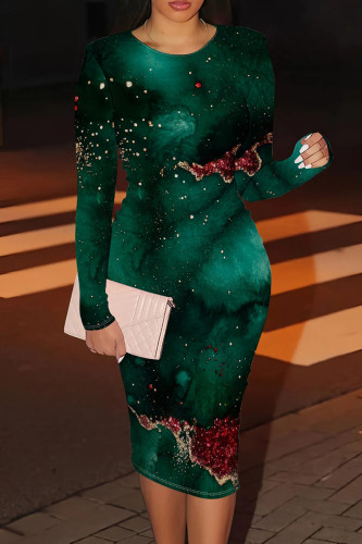 Green Casual Graphcis Print O Neck Long Sleeve Wrapped Skirt Bodycon Maxi Dresses