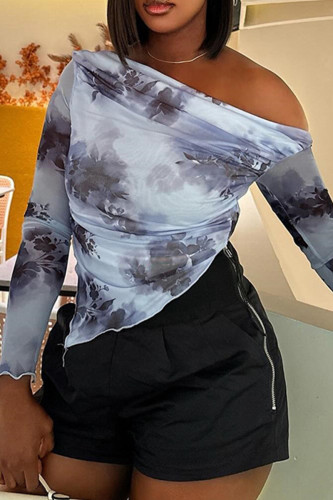 Silver Gray Casual Floral Print Oblique Collar Long Sleeve Irregular Hem Tops