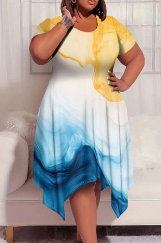 Yellow White Casual Graphcis Tie Dye Print O Neck Short Sleeve Irregular Hem Plus Size Midi T-shirt Dresses