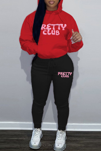Red Black Casual Letters Print Contrast Hooded Long Sleeve Pocket Sweatshirt And Pants Sportwear Two Pieces Jogger Sets