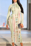 White Casual Colorblock Striped Print Half A Turtleneck Long Sleeve Bodycon Maxi Dresses
