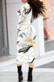 White Casual Colorblock Striped Print Half A Turtleneck Long Sleeve Bodycon Maxi Dresses