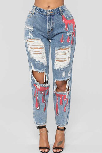 Light Blue Casual Graphcis Print Pocket Mid Waist Distressed Ripped Denim Jeans