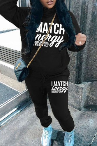 Black Casual Letter Print Hooded Long Sleeve Pocket Sweatshirt And Pants Sportwear Two Pieces Jogger Sets