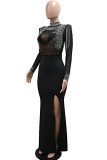 Apricot Fringed Trim Hot Drill O Neck Long Sleeve Side Slit  Formal Evening Party Wedding Long Bodycon Maxi Dress