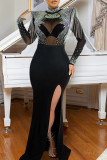 Apricot Fringed Trim Hot Drill O Neck Long Sleeve Side Slit  Formal Evening Party Wedding Long Bodycon Maxi Dress