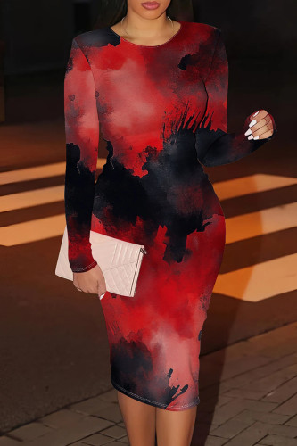Red Black Casual Graphcis Print O Neck Long Sleeve Wrapped Skirt Bodycon Maxi Dresses