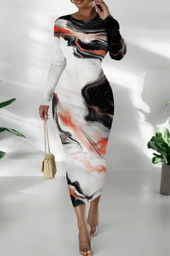 Black And White Casual Print O Neck Long Sleeve Wrapped Skirt Bodycon Maxi Dresses