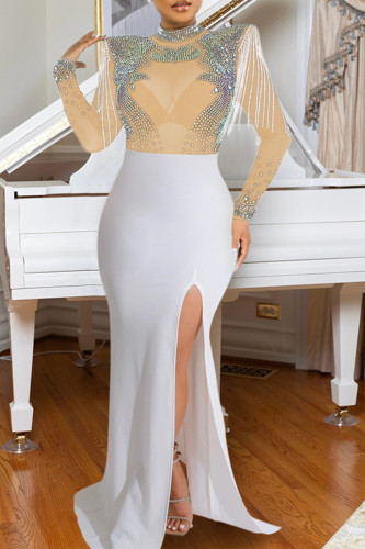 Apricot Fringed Trim Hot Drill O Neck Long Sleeve Side Slit  Formal Evening Party Wedding Long Bodycon Maxi Dress
