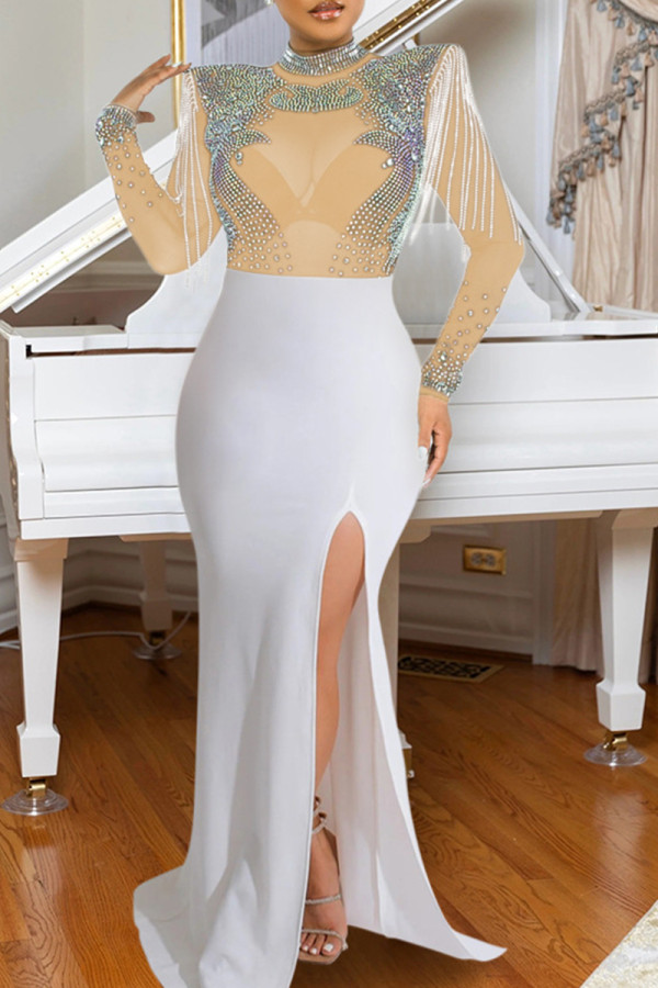 Apricot Fringed Trim Hot Drill O Neck Long Sleeve Side Slit  Formal Evening Party Wedding Long Bodycon Maxi Dress