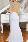 Apricot Fringed Trim Hot Drill O Neck Long Sleeve Side Slit  Formal Evening Party Wedding Long Bodycon Maxi Dress