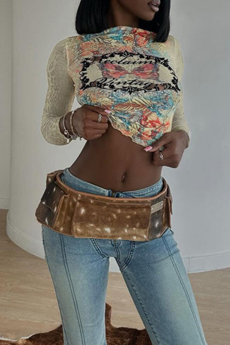 Yellow Casual Graphcis Print O Neck Long Sleeve Crop Tops