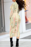 White Casual Colorblock Striped Print Half A Turtleneck Long Sleeve Bodycon Maxi Dresses