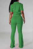 Green Casual Frenulum Zipper Collar Short Sleeve Crop Tops And Maxi Skirt Two Pieces Trouser Sets