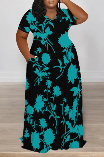 Black Casual Floral Print V Neck Short Sleeve Floor Length Straignt T Shirt Maxi Dresses