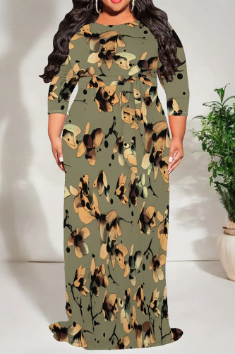Green Casual Floral Print O Neck 3/4 Sleeve Lace Up Floor Length Maxi Dresses