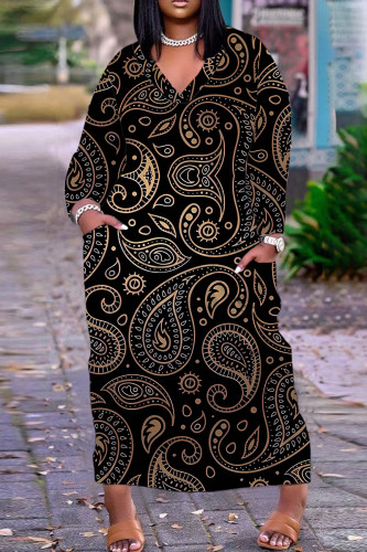 Black Casual Graphcis Print Pocket V Neck Long Sleeve Long Plus Size Maxi Dresses