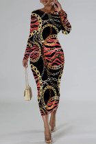 Red Casual Chain Print O Neck Long Sleeve Bodycon Maxi Dresses