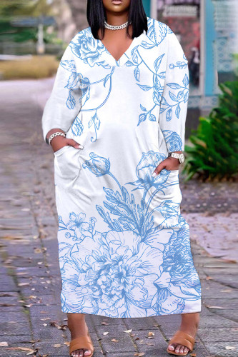 White Blue Casual Floral Print Pocket V Neck Long Sleeve Long Plus Size Maxi Dresses