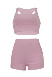 Pink Casual U Neck Sleeveless Tank Crop Tops And Shorts Sportswear Two Pieces Shorts Sets