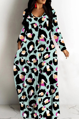 Lake Green Leopard Print V Neck Long Sleeve Fall Outings Vacation Straight Loose Maxi Dress