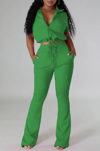 Green Casual Frenulum Zipper Collar Short Sleeve Crop Tops And Maxi Skirt Two Pieces Trouser Sets
