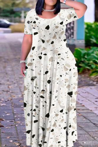 White Casual Floral Print V Neck Short Sleeve Floor Length Straignt T Shirt Maxi Dresses