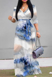 Blue Casual Tie Dye Print With Belt V Neck Three Quarter Ankle Length A Line Vacation Loose Straight Maxi Dress