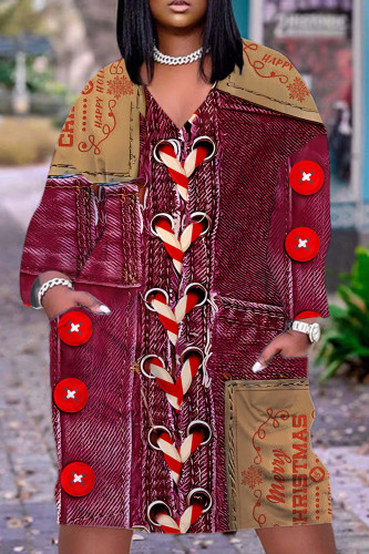 Red Casual Faux Denim Print V Neck Long Sleeve Ankle Length Casual Outings Plus Size Straight Loose Tunic Maxi Dress with Pocket